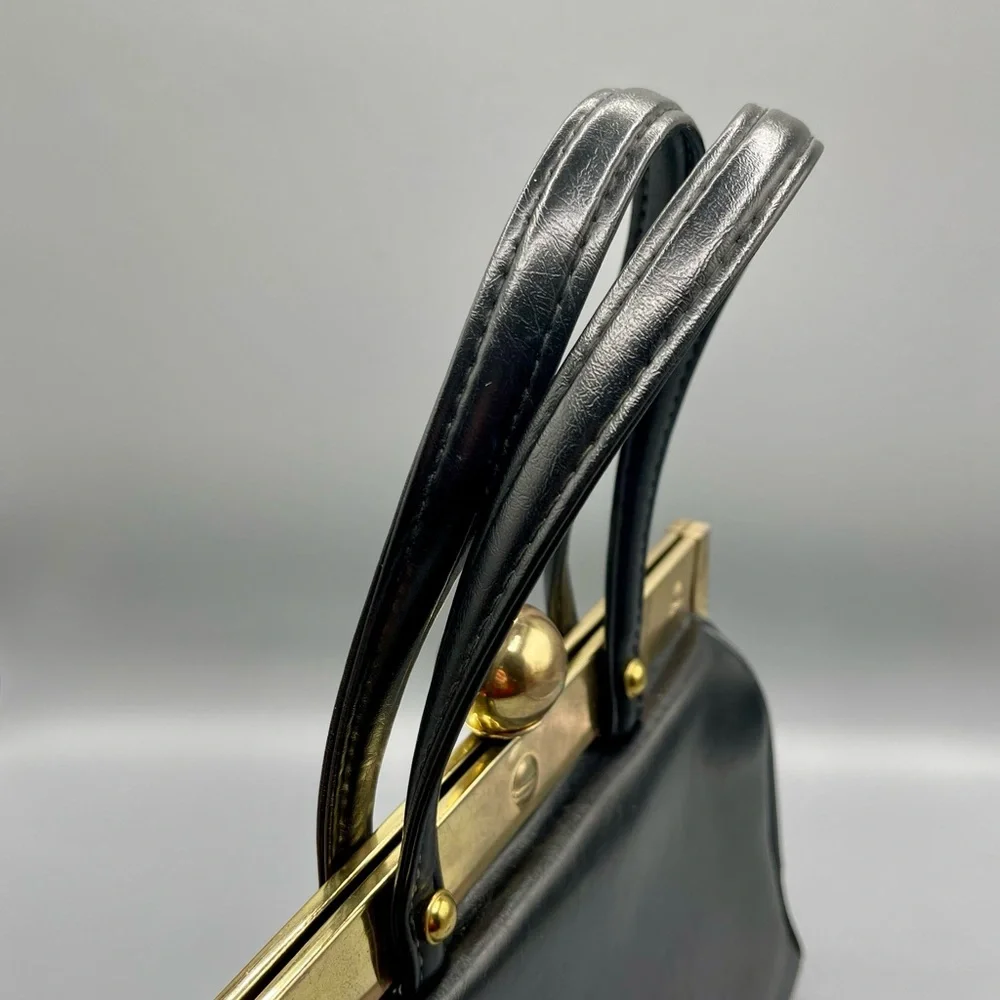 Vintage 1960s Faux Leather Handbag, Black, Ball Clasp, Framed, Art Deco
